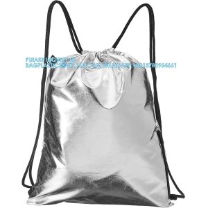 Metallic Backpack, Soft Iridescent PU Drawstring Backpack Silver PU Drawstring
