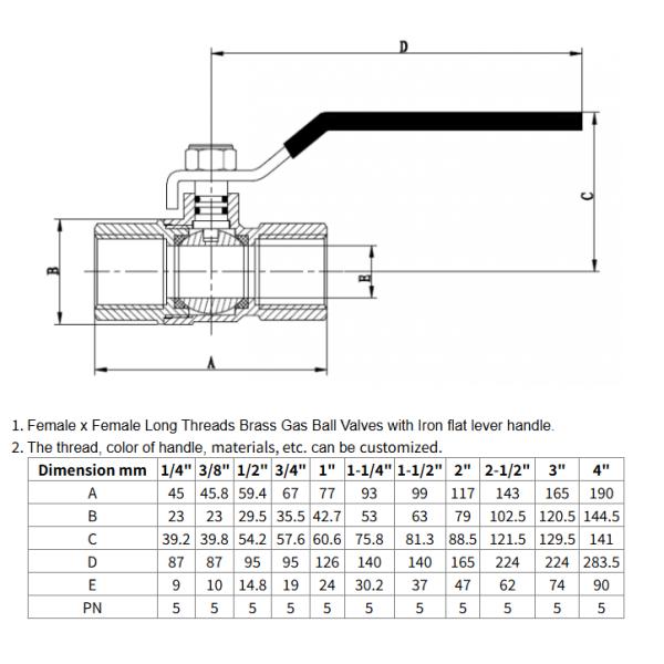 Lever Handle Gas Valve Brass Female X Female Long Threads 5 Bar 1/2 Inch