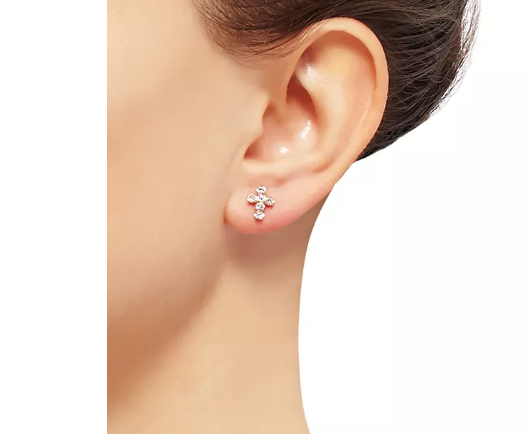 925 Sterling Silver White Cubic Zirconia Cross Button Stud Earrings with 18K Gold Plating