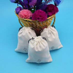 Small Plain Cotton Drawstring Bags , Rope Handle White Cotton Drawstring Pouch