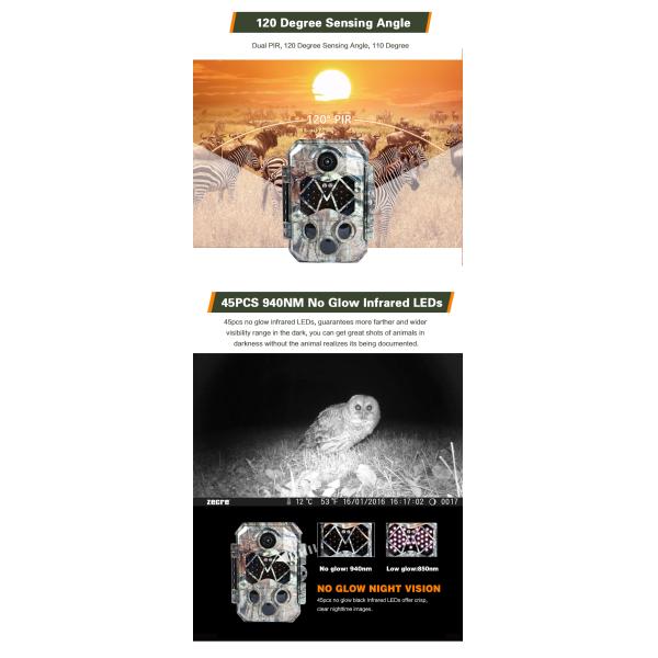 Hunting Cam 20.0 Megapixel 1080P Waterproof IP66 120 Degree Detecting Range Wildlife Scouting Camera
