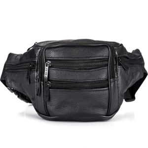 China Black Men Leather Travel Waist Bag Lining 210 D 4 Zipper Pocket Adjustable Strap on sale