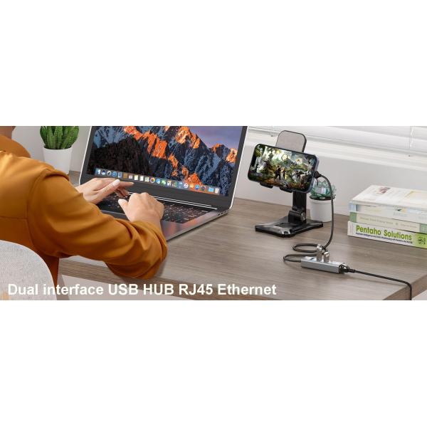 Dual Interface USB3.0 USB A HUB RJ45 Ethernet Adapter With 60CM Extension USB Cable