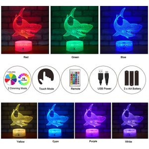 Multiscene RGB 3D Illusion LED Lamp , Remote Control Shark 3D Night Light