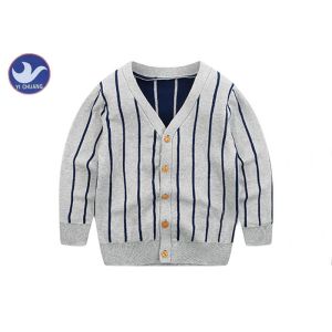 Vertical Stripes Grey Navy Boys Knitted Cardigan Sweaters / Double Layer Kids