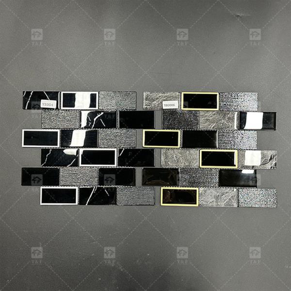 Long Strip Shape Black Glass Mosaic Tile With Metal Border Bathroom Wall Pattern Decor