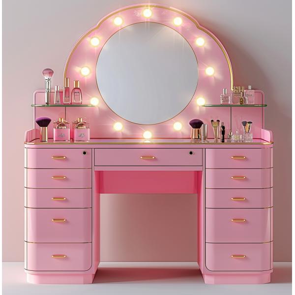 Bedroom Makeup Sets LED Lighted Mirror Vanity Table With Drawers And Storage Shelves Adjustable In Pink