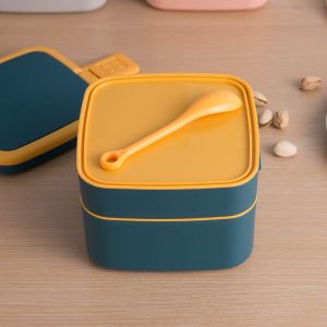 Double-Layer Portable Plastic Bento Lunch Box With Lid 1000ML Rectangular Blue