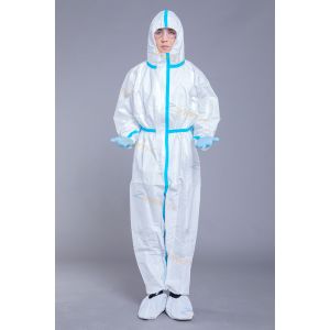 China 65GSM Disposable Isolation Coverall With Blue Taping on sale