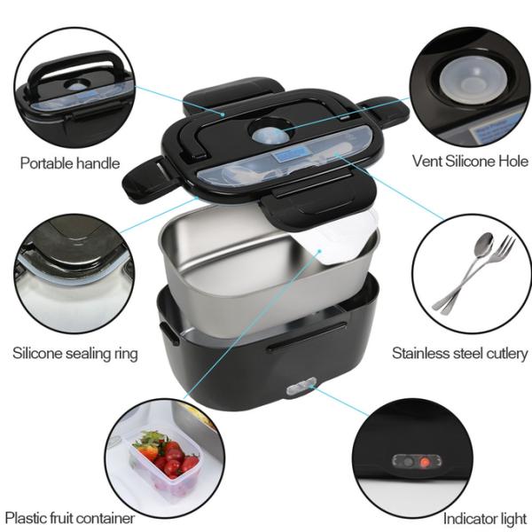 Electric Lunch box with Dual Voltage and 1.5L Stainless Steel Container Black