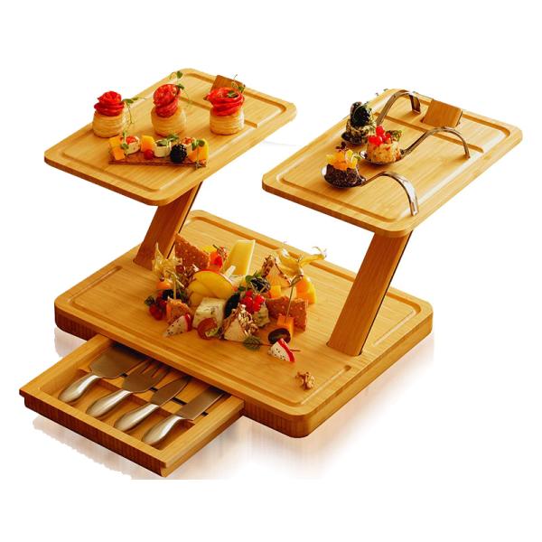 Bamboo Modular Platter Serving Tray With Slide Out Drawer And 3 Tier Cheese Board Set