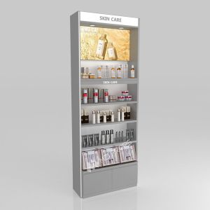 Retail Shop Design Grey Oiled Wooden Skincare Cabinet With Led Lights For Customized Shop Display And Branding Shop Stand