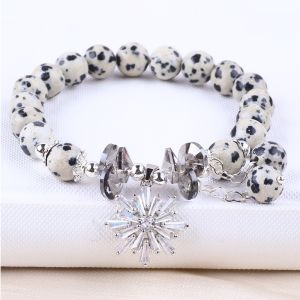 Custom Gemstone 8mm Round Dalamation Jasper With Snowflake Charm Bead Bracelet