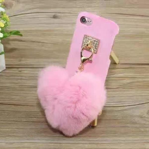 Plush&Plastic Heart-shaped Hairball Chain Cell Phone Case Back Cover for iphone 7 6s Plus