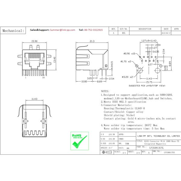 Gigabit Magjack MOX-RJ45-1622AP 1000Base-T with LED and 10pin Rj45 LPJG0813CNL