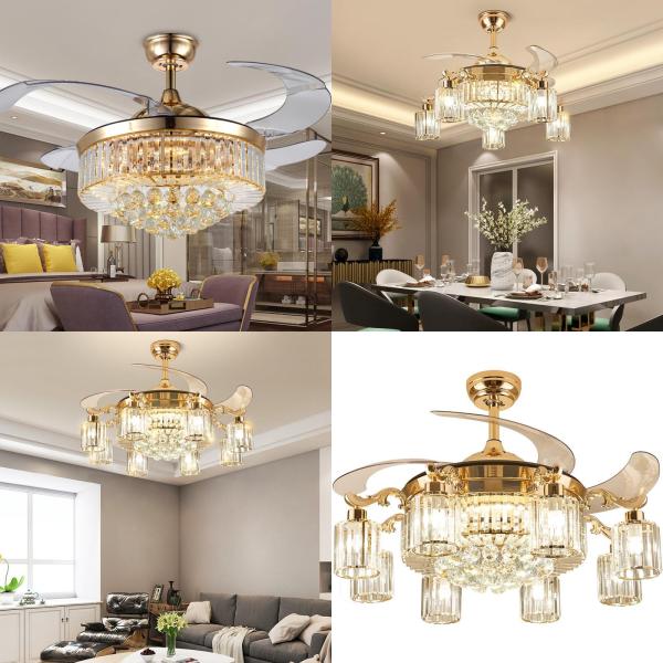 Wholesale Modern LED Crystal Ceiling Fan Light , Invisible Acrylic Blade Ceiling Fan Remote Control