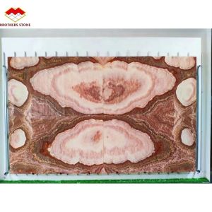 Backlit Red Onyx Marble Stone Book Matched Slab for Transparent Marble Table