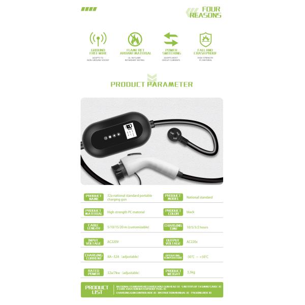 Temperature Protection Prophylactic E-Mingze 32A/7kW Portable Electric Car Charger Home Fast Charging Station GBT Color