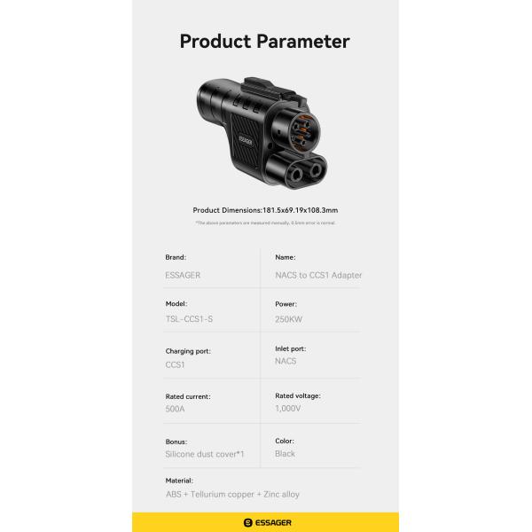 ESSAGER Dc Nacs To Ccs1 Tesla Fast Charging Adapter For Electric Cars, IP66 250Kw 500A Ev Power Connector