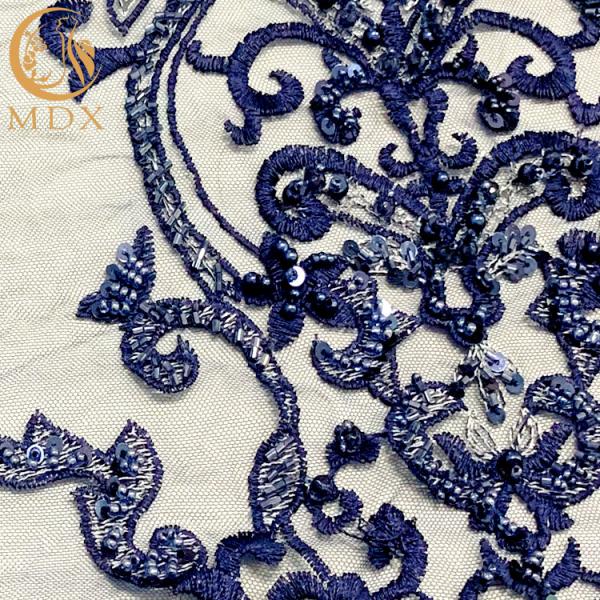 Blue Nylon Handmade Beaded Lace Fabric For fashion Show Dresses