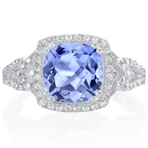 China 2 ct Cushion Cut Tanzanite Halo Ring in Sterling Silver  - Handmade Wedding Ring on sale