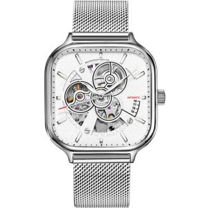 Automatic Mens Square Skeleton Watch Stainless Steel Strap Sapphire Mirror