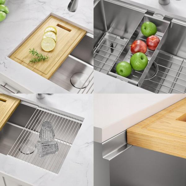 0.9mm Drop In Stainless Steel Double Bowl Sink With Knife Shelf Rubbish Bin