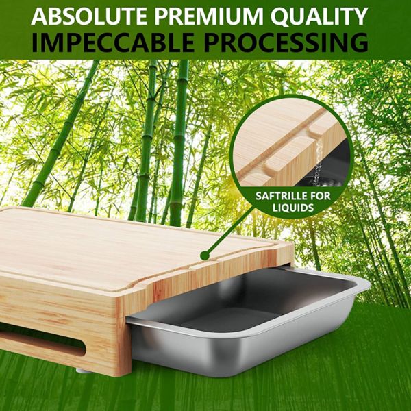 Natural Colour Rectangle Bamboo Chopping Cutting Board With Tray And Drawers For Kitchen