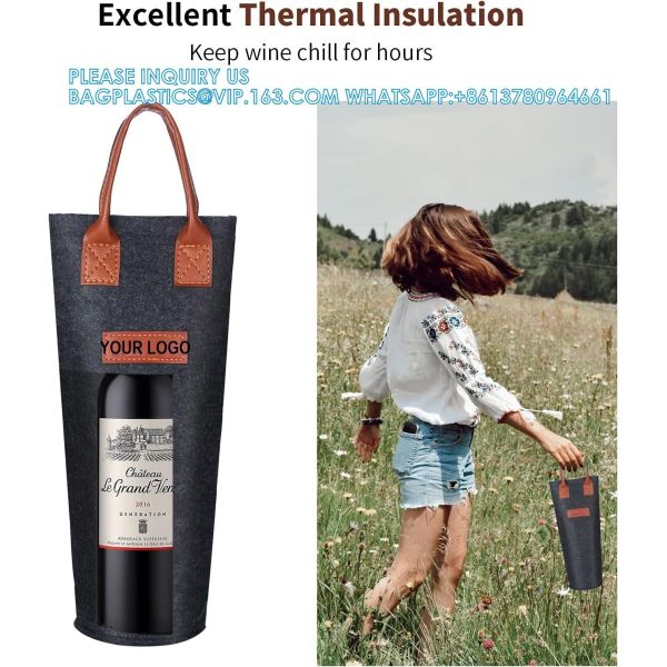 Single Felt Bottle Wine Tote, Bottle Wine Carrier Bag Padded Wine Perfect Wine Lover'S Wedding Gift (White & grey)