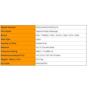 High Performance HH224346DD/HH224310 Double Row Tapered Roller Bearings