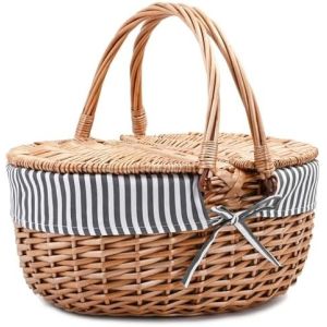Wicker Picnic Basket with Lid and Handle Sturdy Woven Body with Washable Lining