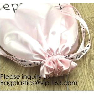 White Satin Drawstring Bag With Silver Logo,Custom Printed White Satin