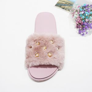PVC Fluffy Womens Soft Bottom Slippers With Soft Shearling Straps