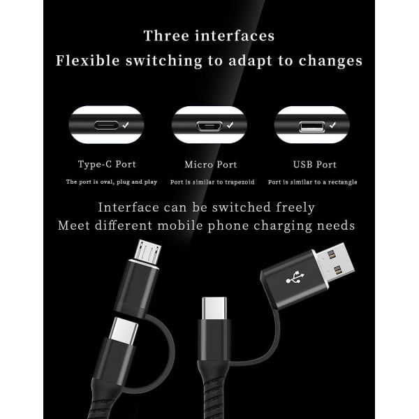 3A 60W Multifunctional USB Cable Nylon Braided 4 In 1 USB Charging Cable