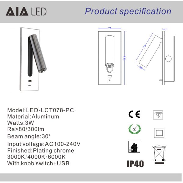 Embed mounted usb bedside wall light LED bed wall lamp/Interior led headboard reading wall light