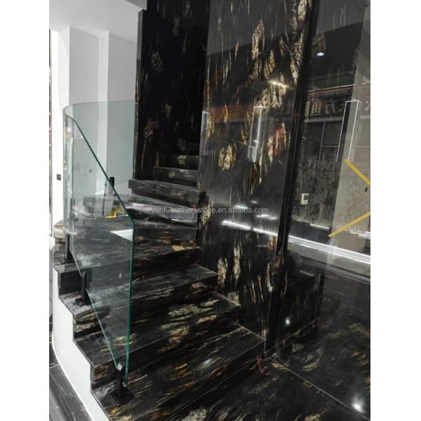 Modern Natural Phoenix Feather Black Gold Marble Stone Stair Steps Tile Big Slab
