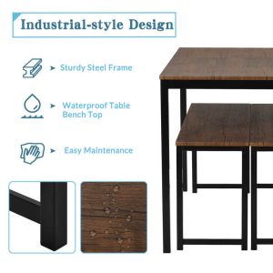 Brown Two Benches 3pcs Dining Room Table And Chair Set 29lbs Table Weight
