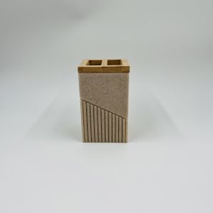 Sand Polyresin Bathroom Caddy Wood Part Ribbed Vertical Stripe Bathroom Soap