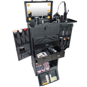 Professional Rolling Studio Makeup Case With Lights Collapsible Compartments