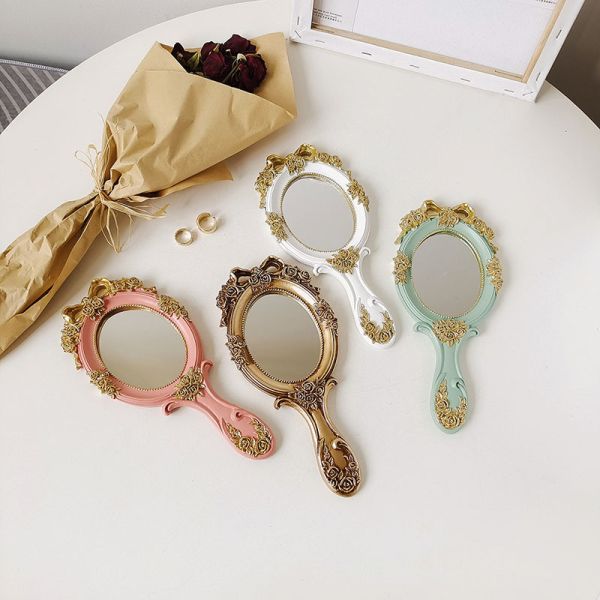 Functional Wood Glass Vintage Handheld Makeup Mirrors Portable Retro Mirror for Girls