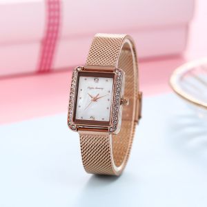 Square SS Mesh Strap Ladies Quartz Watch OEM Rhinestone Rose Gold Waterproof