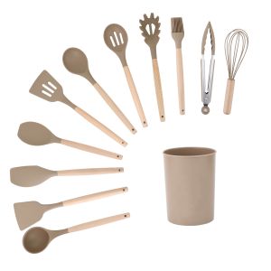 11Pcs Wooden Handle Silicone Kitchen Tools Set for 210 Degree High Temperature