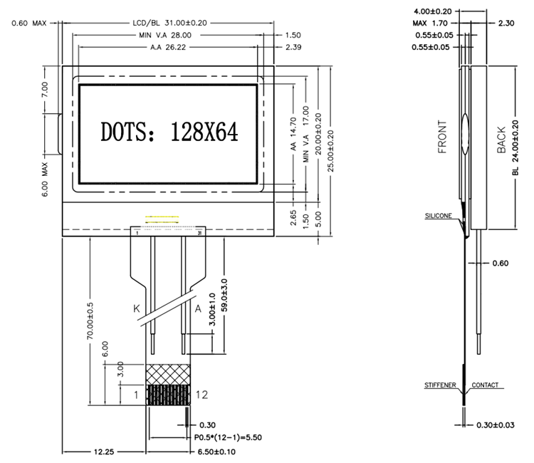 128x64 Graphic LCD Display with FSTN Display Mode and COG+FPC Connector for