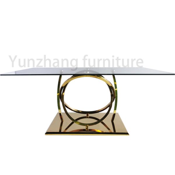 Family Use Hotel Glass Top Dining Table Ring Bottom Frame Stainless Steel Base
