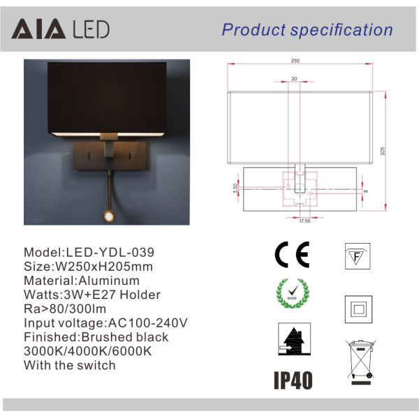 Square shade bed wall light & inside hotel wall light led bedside wall light for bedroom