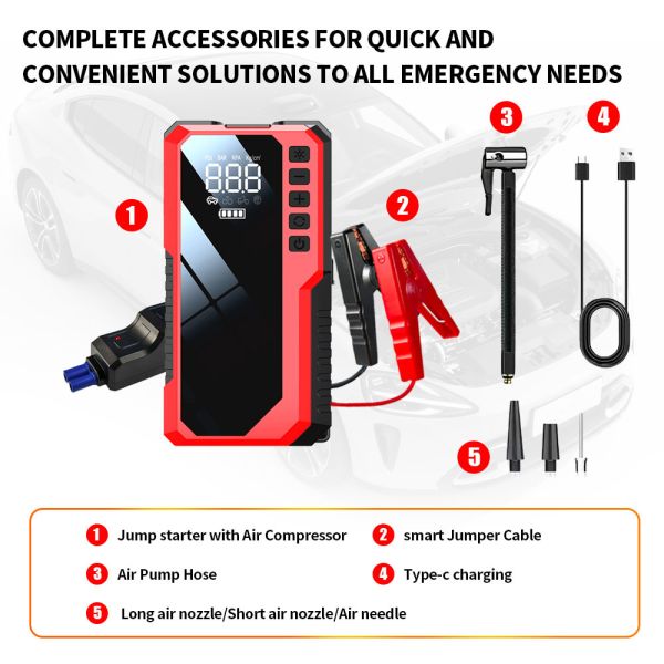 Multi Function Car Jump Starter Pack Portable Emergency Battery Jump Starter 6400mAh 8000mAh 12V With Air Compressor