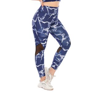 Breathable Exercise Patterned Workout Pants Polyester Spandex Mesh Stitching