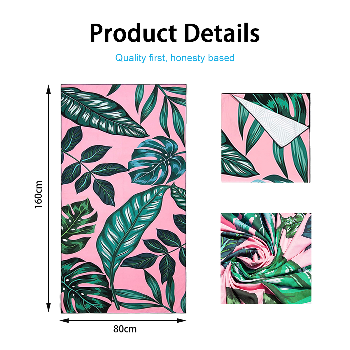 Custom Made Logo Private Label Digital Printing Sublimated Green Leaf Design Microfiber Beach Towel
