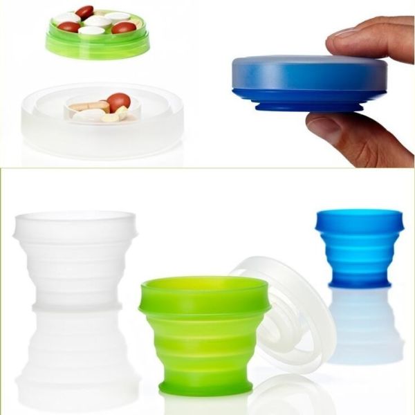 Portable Creative style foldable travel plastic cup with pill case, Random color