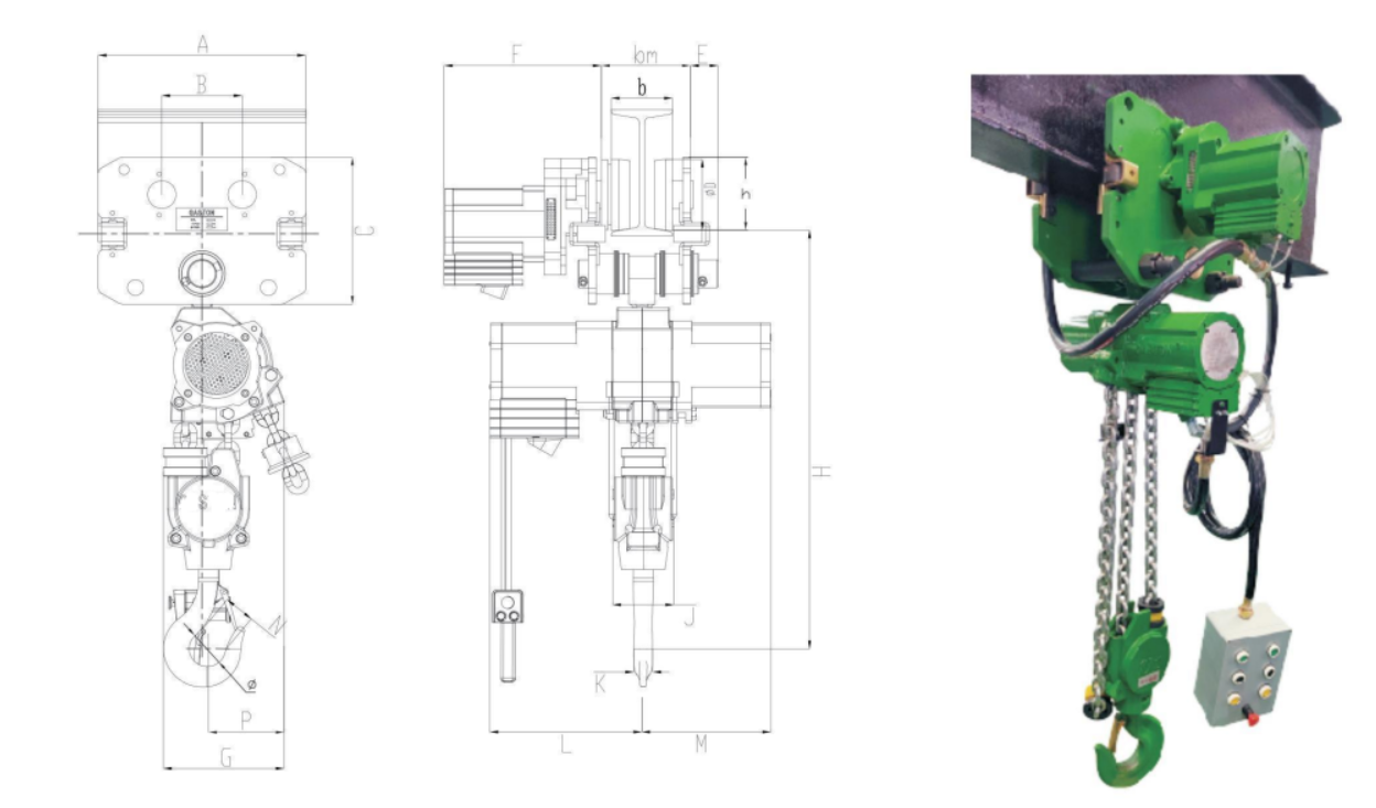 Air hoist technical specifications table showing capacity, speed, and performance data